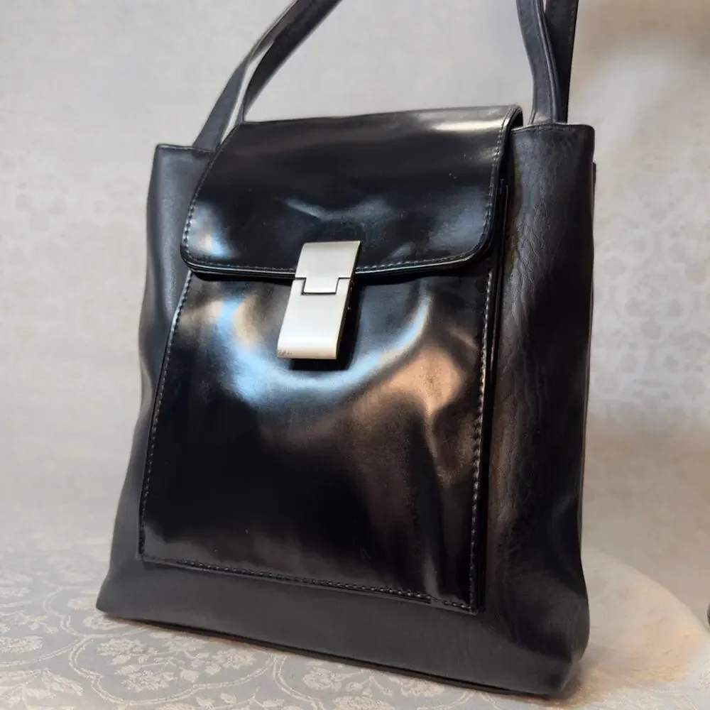 Faux Leather Sleek Black Shoulder Bag Silver Hardware